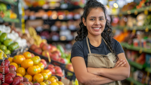Smiling woman grocer standing with arms crossed in front of a vibrant fruit showcase