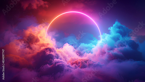 3d render, colorful neon ring glowing inside the stormy cloud on the dark sky, abstract background  © BOTAHRY DEX