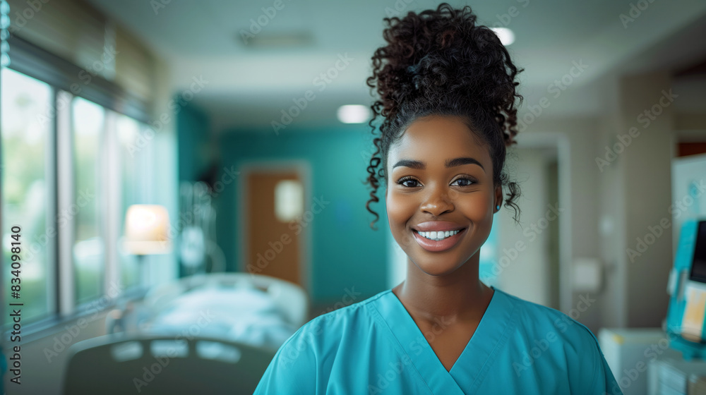 African American female nurse with a warm smile, standing in a brightly lit hospital room African American female nurse with a warm smile, standing in a brightly lit hospital room