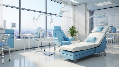 A clean medical office with white and blue decor, comfortable seating, and medical equipment  photo