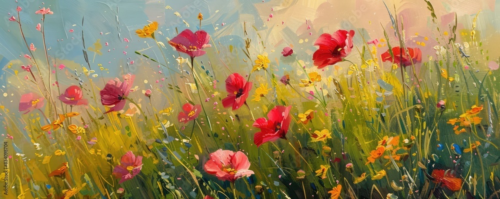 Fototapeta premium field of various wildflowers in bloom, creating a picturesque natural tapestry.