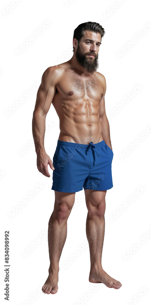 Isolated walking handsome young fit shirtless man wearing only his swimshorts, png,cutout on transparent background, ready for architectural visualisation Isolated walking handsome young fit shirtless man wearing only his swimshorts, png,cutout on transparent background, ready for architectural visualisation