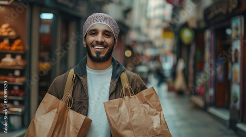 Cheerful young man with bags enjoying a shopping day in a city alley © Michael