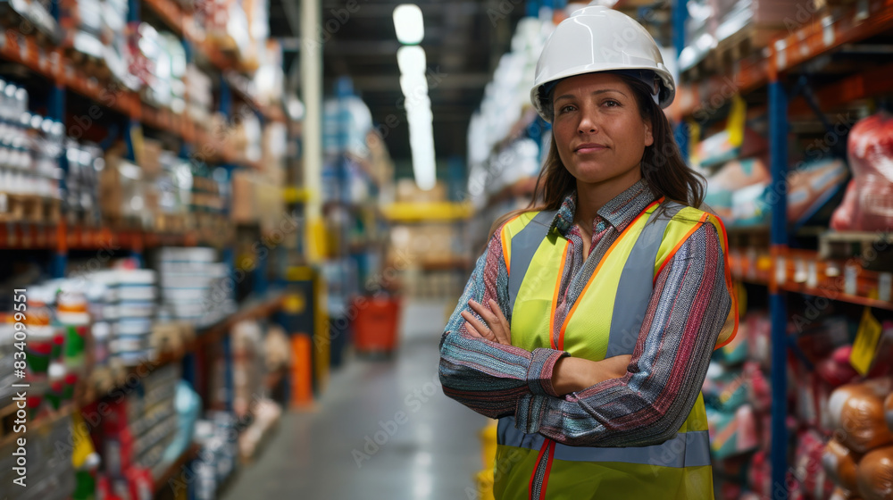Professional woman in safety gear stands with arms crossed in a warehouse aisle