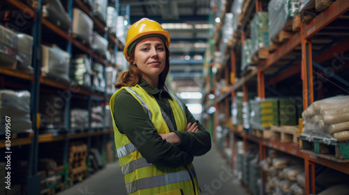 Young woman in a hard hat and reflective vest posing in a warehouse