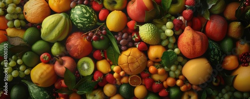 various fresh fruits filling the frame with rich colors and textures.