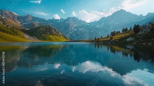 Clean lake with beautiful mountain background  generative AI.