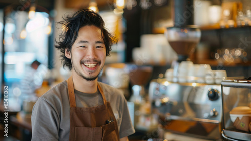 Cheerful young male barista in an apron stands in a cozy cafe