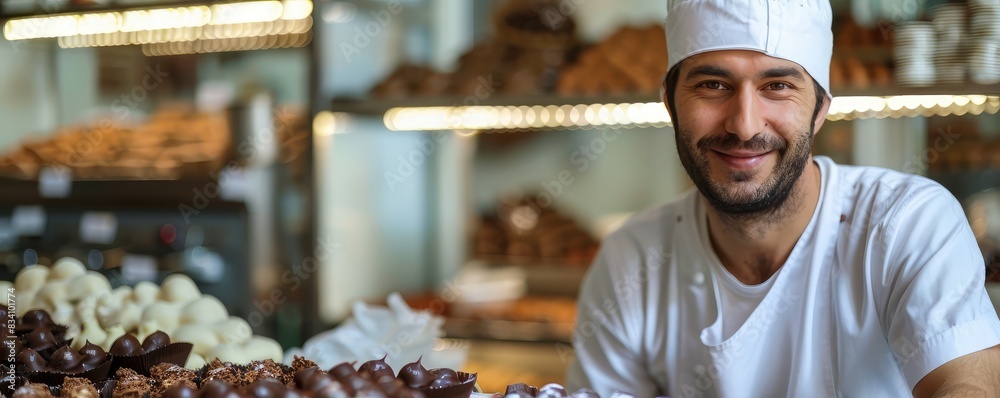Obraz premium Happy male chef in white uniform presenting assorted chocolates in a well-lit pastry shop.