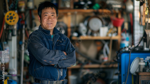 Smiling mechanic posing with arms crossed in a tidy garage portrait