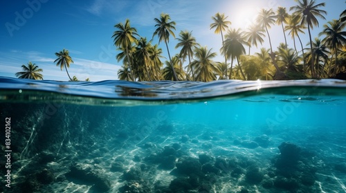 A serene tropical island featuring palm trees  clear blue water  and an underwater view of coral reef.