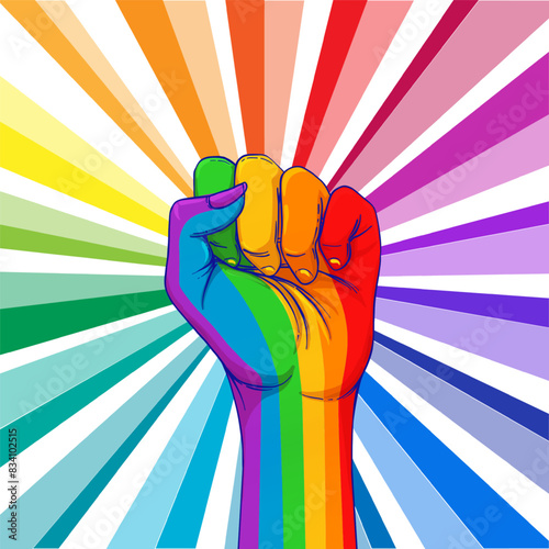 Rainbow colored hand with a fist raised up. Gay Pride. LGBT concept. Realistic style vector colorful illustration. Sticker, patch, t-shirt print, logo design.