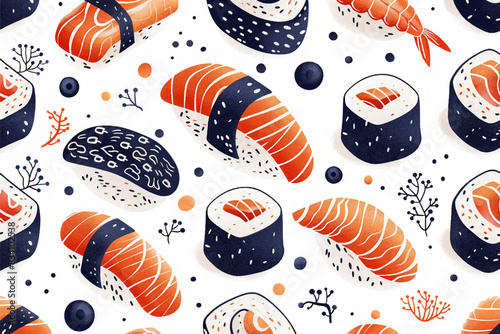 Realistic isometric seamless pattern vector fresh japanese food, sushi design concept collection