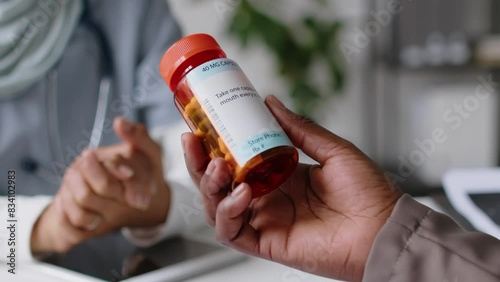 Close-up slowmo shot of hand of anonymous dark-skinned male or female patient sitting in GP clinic, holding jar of prescription pills, unrecognizable doctor in hijab getting informed consent