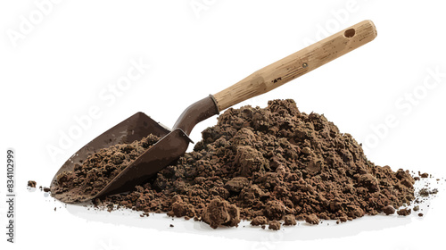 A garden trowel in nutrient-rich soil is an indispensable tool for planting and farming.	
