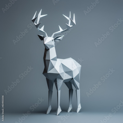 a realistic illustration studio portrait of an origami deer studio setting grey clean backdrop