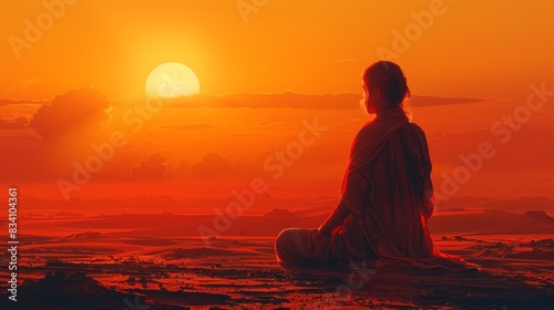 Serene Desert Prayer: Woman in Contemplation at Sunset Generative AI