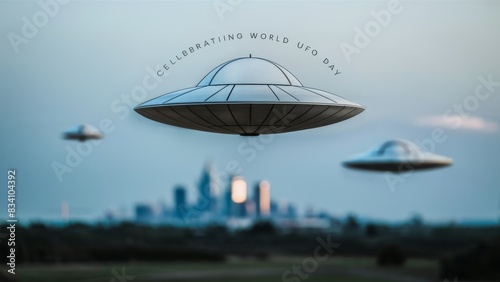 A group of three flying saucers are in the sky over a city  AI