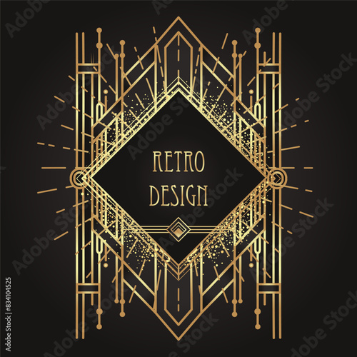 Art Deco vintage gold and silver design element over black. Retro party geometric background set in 1920s style. Vector illustration for glamour party, thematic wedding or textile prints.