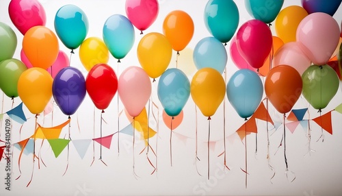 Vibrant and festive display of colorful balloons and party flags against a clean white backdrop