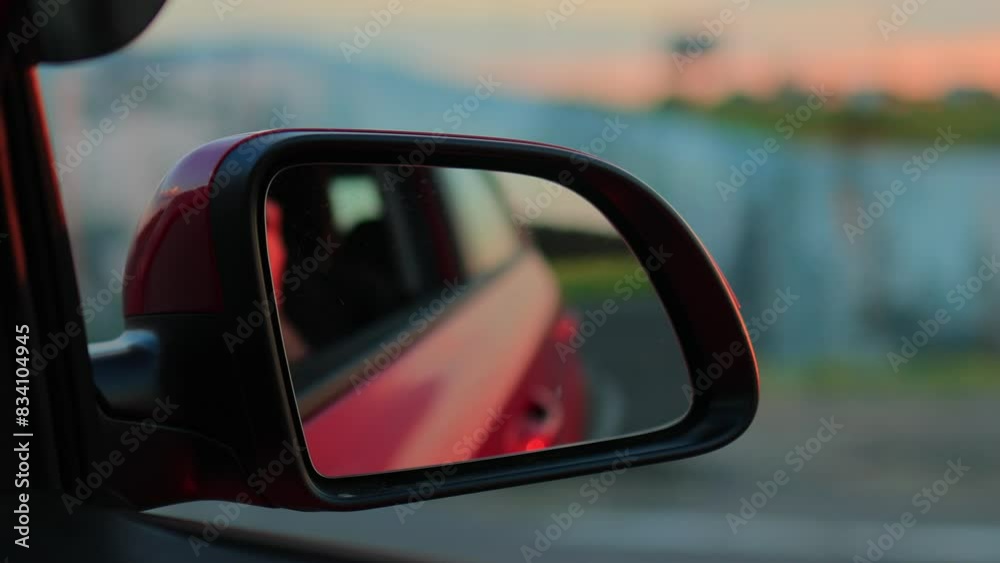 The sun is reflected in the mirror and window, evening road. View in the side rear view mirror of a car driving along the highway, in a red car The sun is reflected in the mirror and window, evening road. View in the side rear view mirror of a car driving along the highway, in a red car