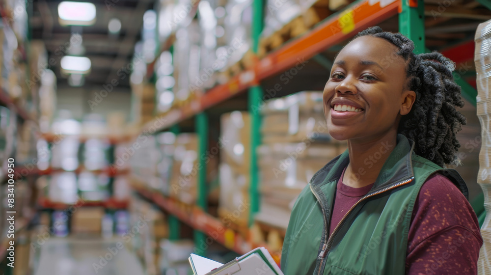 Fototapeta premium Confident young worker with clipboard in a well-stocked warehouse aisle