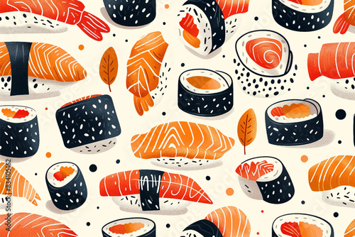 Realistic isometric seamless pattern vector fresh japanese food, sushi design concept collection