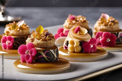 creamy sweets with flowers on plates. confectionery and desserts illustration.