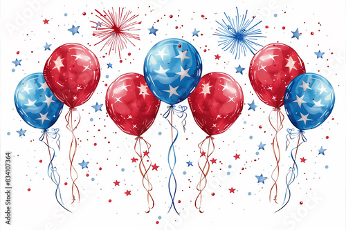 Red And Blue Star Balloons With Fireworks For A Festive Celebration