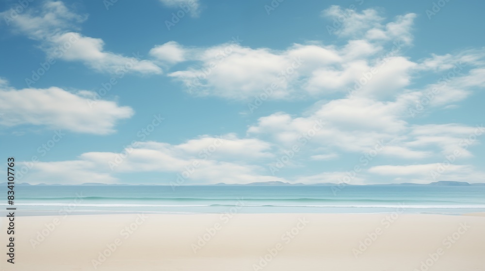 Serene Beach with Clear Sky and Puffy Clouds Over Calm Ocean