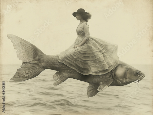Woman on fish swims in the air in vintage style © DinoBlue