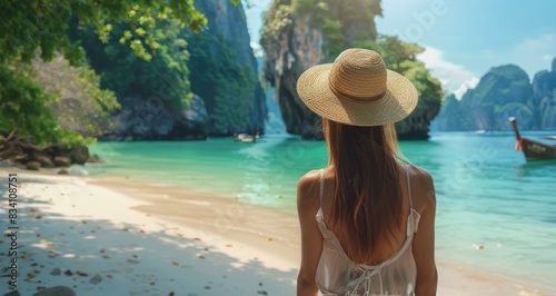 Woman in Hat Standing on Beach