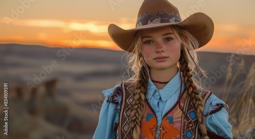 Young Girl in Cowboy Hat and Blue Shirt