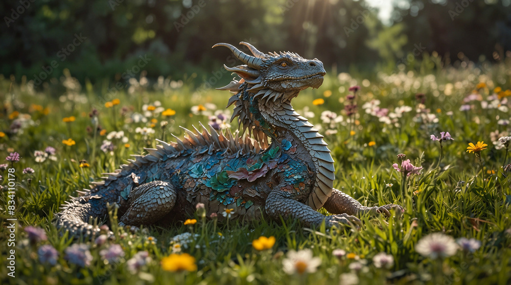 Obraz premium Ancient dragon sprawled among blooming flowers