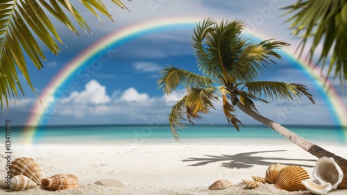 A palm tree and shells on a beach with rainbow in the sky  AI
