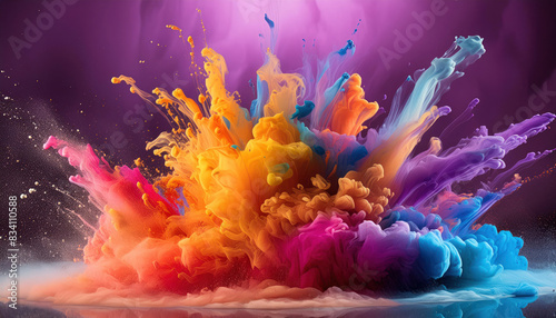 Multicolored explosion of rainbow paint holi decoration  abstract color background