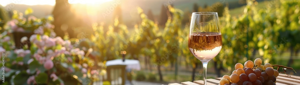 Two wine glasses on a table with a vineyard landscape in the background, capturing the golden light of sunset.