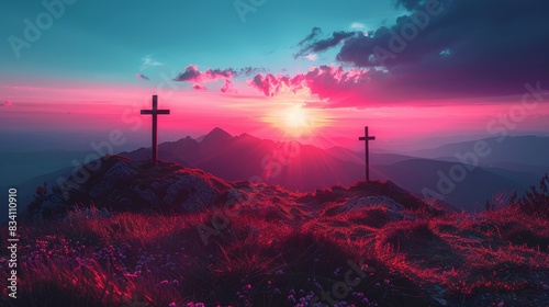 Majestic Three Crosses on a Mountainous Landscape at Sunrise Generative AI