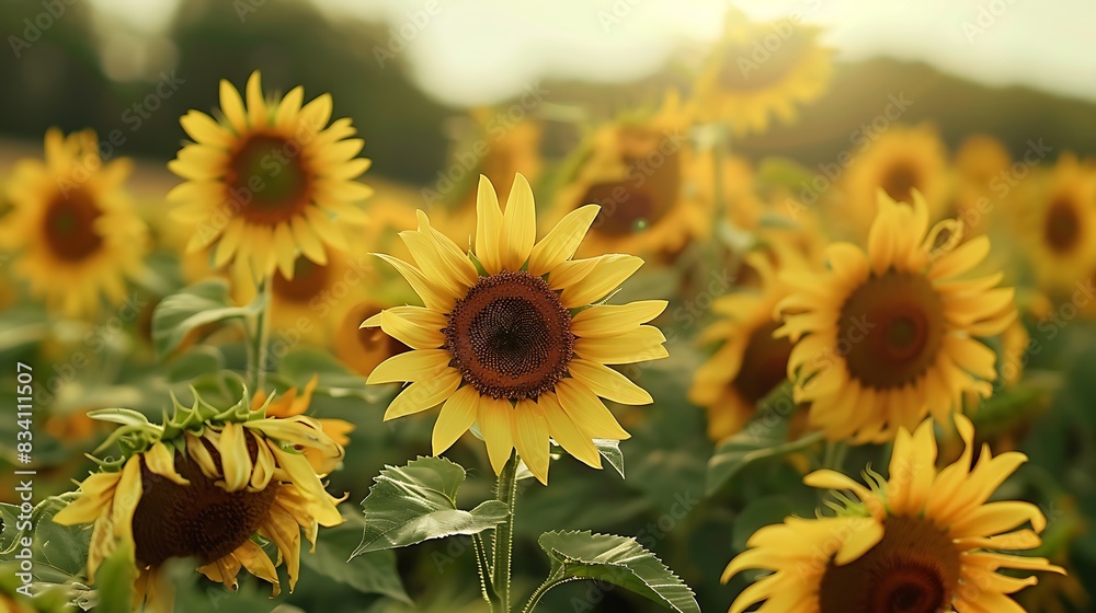 Obraz premium sunflower, flower, field, nature, summer, yellow, sunflowers, agriculture, plant, sun, sky, blossom, beauty, flora, bright, garden, blue, leaf, blooming, floral, spring, flowers, color, beautiful, sun