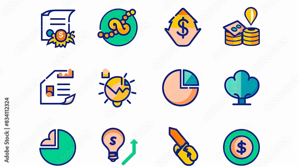 Fototapeta premium A set of 12 different icons, including a dollar sign, a key, a tree, and a graph