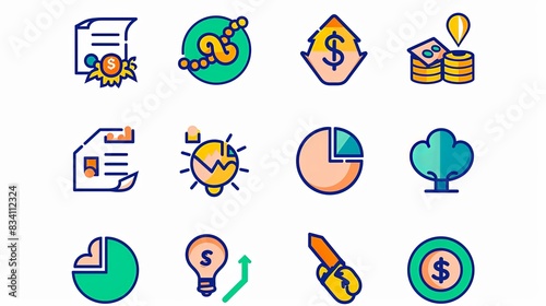 A set of 12 different icons, including a dollar sign, a key, a tree, and a graph