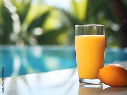 A Glass of mango with ripe mango  Refreshing and healthy mango juice ice in a glass with summer background  mango juice photo