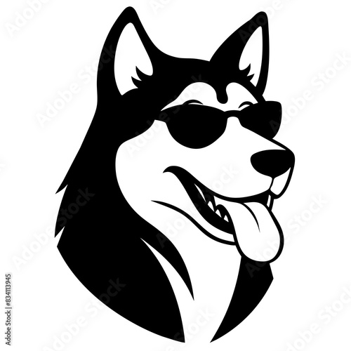 Create an image of a Siberian Husky with black and white fur, wearing a sunglasses, positioned in profile against a white background. The Husky has its tongue out, suggesting a relaxed or happy demean photo