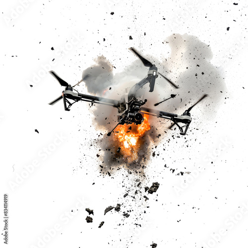 Drone explosion in the air isolated on a transparent background 