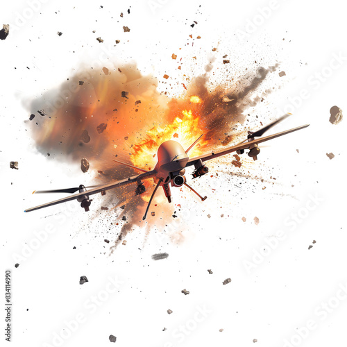 Drone explosion in the air isolated on a transparent background 