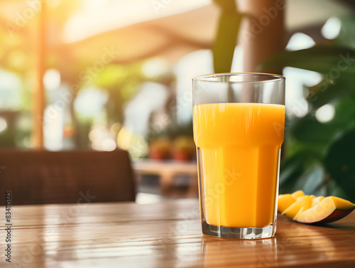 A Glass of mango with ripe mango, Refreshing and healthy mango juice ice in a glass with summer background, mango juice photo