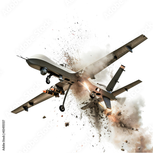 Drone explosion in the air isolated on a transparent background 