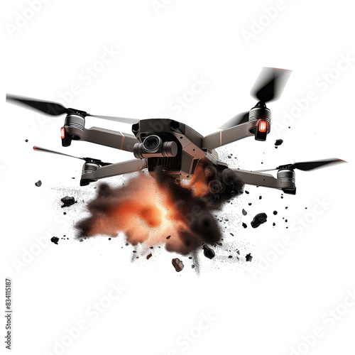 Drone explosion in the air isolated on a transparent background 