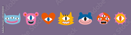 Set of various funny cartoon characters like one or three eyed monsters, heart, tiger, mushroom and sun. Trendy modern vector illustration, hand drawn, flat design