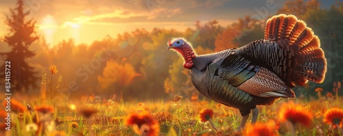 A wild turkey is displayed in a natural setting with brilliant autumn light enhancing the scene.